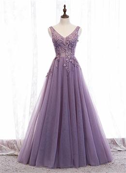 Picture of Purple V-neckline Tulle with Lace Floor Length Party Dresses Evening Dresses,Purple Prom Dresses